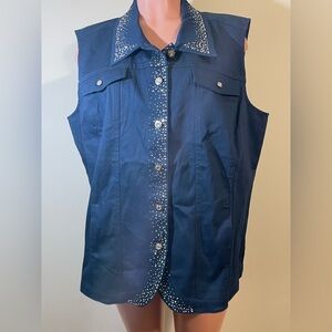 Quacker Factory‎ Women’s Vest Blue with white Rhinestone X-Large sleeveless